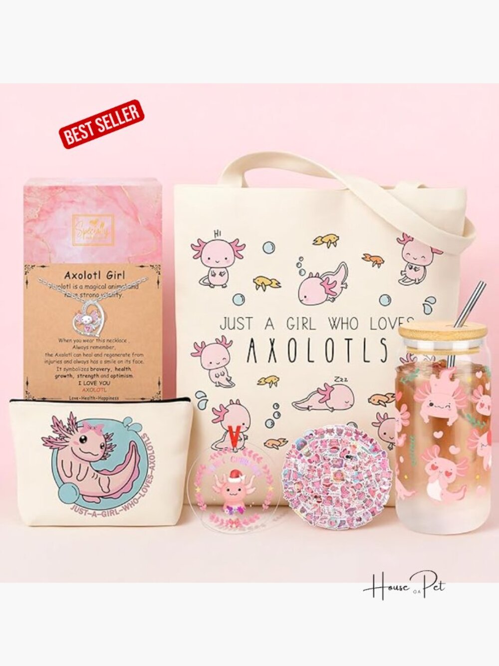 Axolotl Gifts Set - Canvas Tote, Makeup Bag, Glass Cup, Stickers, Necklace